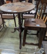 A 19th century oak stool and an oak tripod table, table diameter 53cm, 70cm height