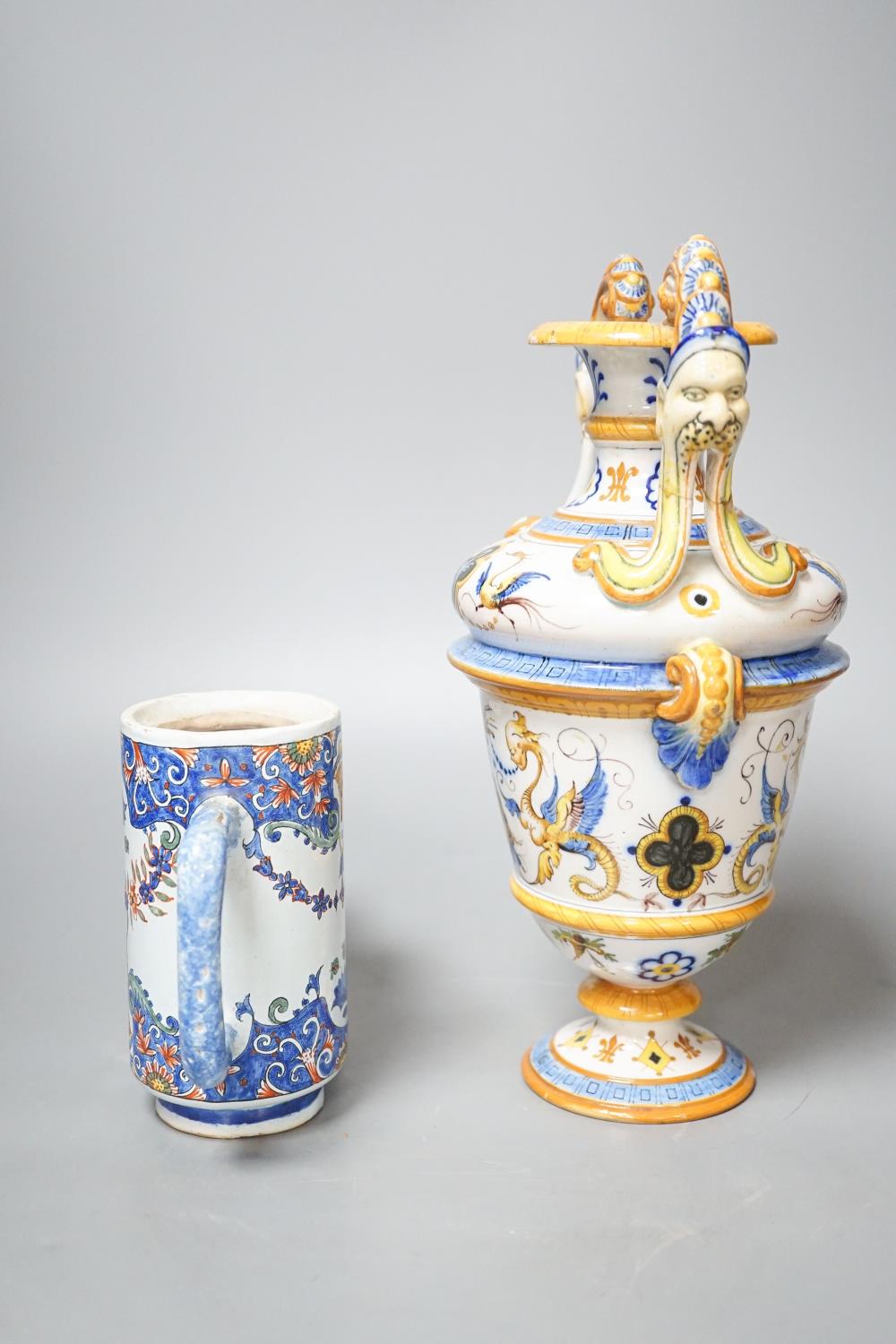 A Ginori maiolica two handled vase and Delft polychrome double cylinder teapot 27cm - Image 3 of 4