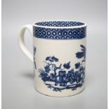 A Worcester cylindrical mug, parrot pecking fruit pattern c.1770, 11.5cm high