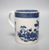 A Worcester cylindrical mug, parrot pecking fruit pattern c.1770, 11.5cm high