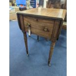 A Regency mahogany drop flap work table with twin fall compartments, width 48cm, depth 54cm,