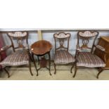 Three late Victorian bone inlaid mahogany chairs, two with arms, together with an Edwardian oval