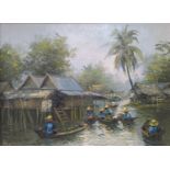 Nogsuan (b.1941), oil on canvas, Malaysian floating market, signed, 28 x 38cm