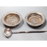 A George II silver toddy ladle, with spiral twist baleen handle, London, 1740 (a.f.) and a pair of