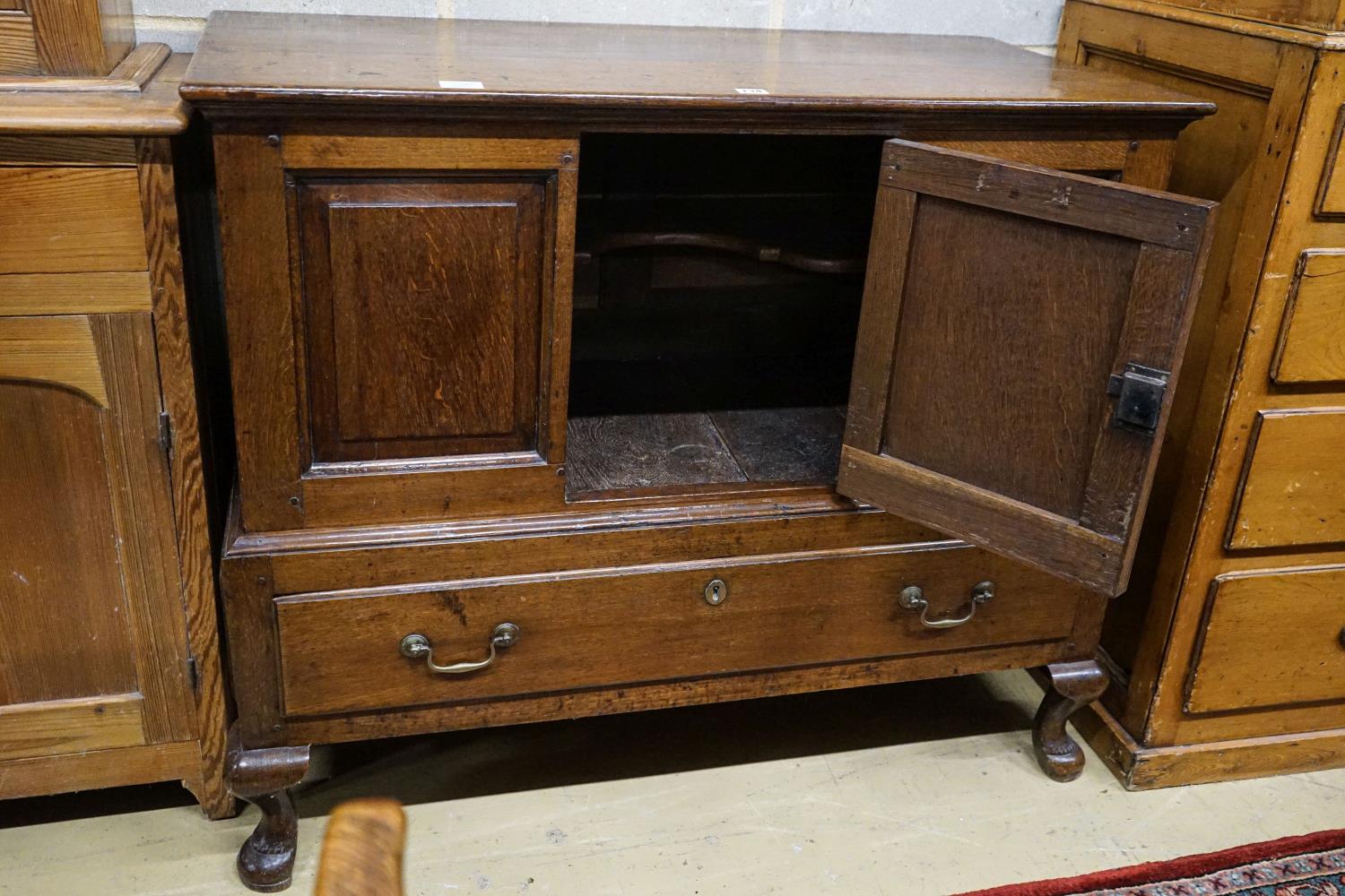 A mid 18th century oak mule chest, with later converted central door and later stand with cabriole - Image 2 of 2