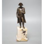 A bronze figure of Napoleon on marble base and two related prints ‘Porto Ferrajo’ and ‘Grand Entry