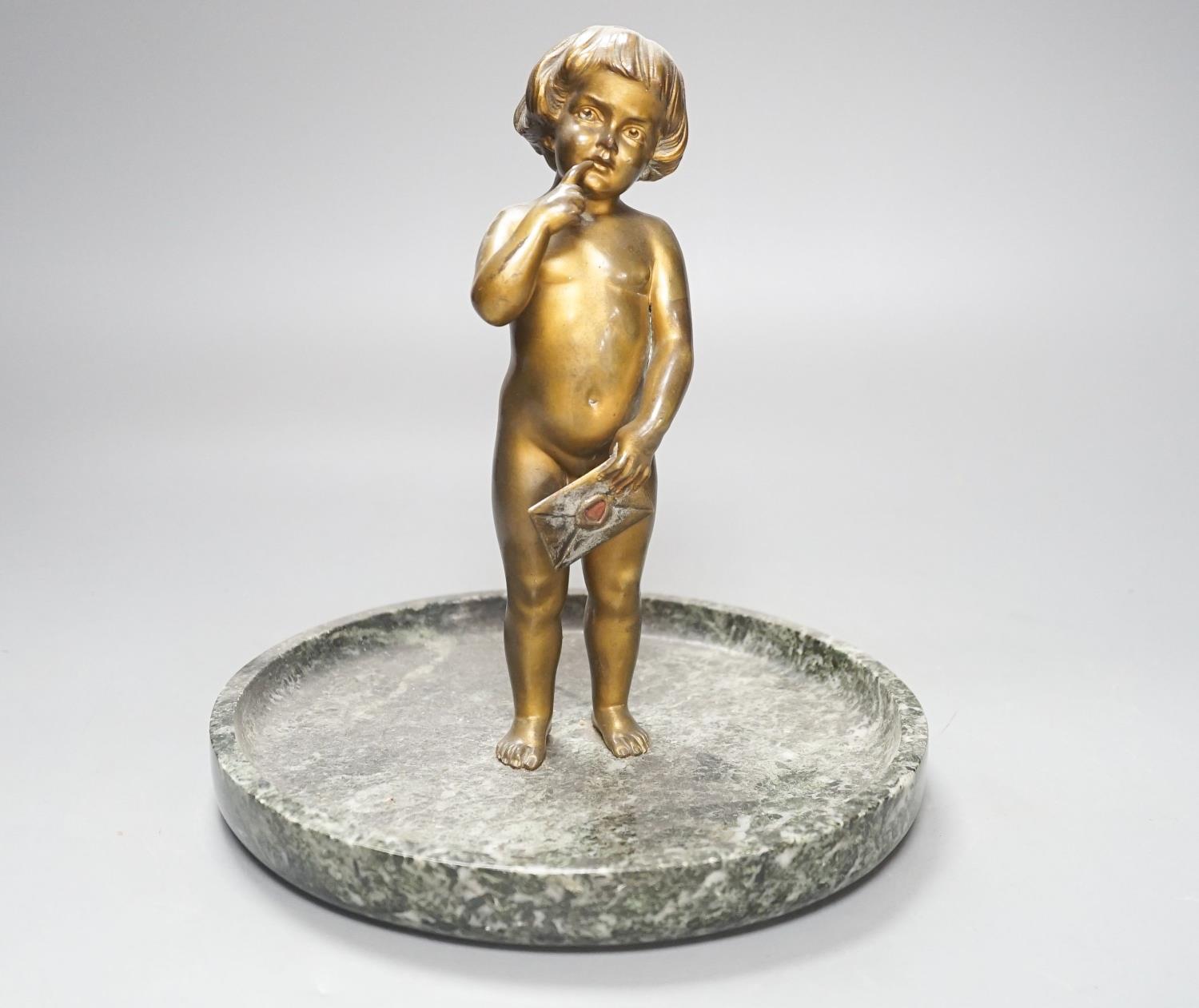 Early 20th century bronze of a child on a marble dish base 24cm