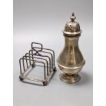 A George V silver sugar caster, London, 1910, 16.6cm and a small silver five bar toastrack, 8oz.