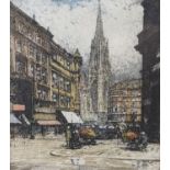 Luigi Kasimir, coloured etching, Viennese street scene, signed in pencil, 12 x 11cm