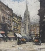 Luigi Kasimir, coloured etching, Viennese street scene, signed in pencil, 12 x 11cm