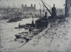 Percy Robertson (1868-1934), etching, View along the Thames with the Tower of London, signed in