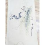 Two Chinese scrolls and a print, print 35 cms high x 11 cms wide