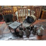 A Victorian copper coal scuttle, a square cast iron trivet, pewter items etc.