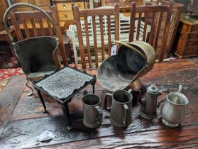 A Victorian copper coal scuttle, a square cast iron trivet, pewter items etc.