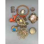 Minor jewellery including gilt metal and coral bead hinged bangle, cameo brooch, mourning brooch,