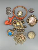 Minor jewellery including gilt metal and coral bead hinged bangle, cameo brooch, mourning brooch,