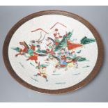 A Chinese famille verte 'warriors' crackle glaze dish 33cm