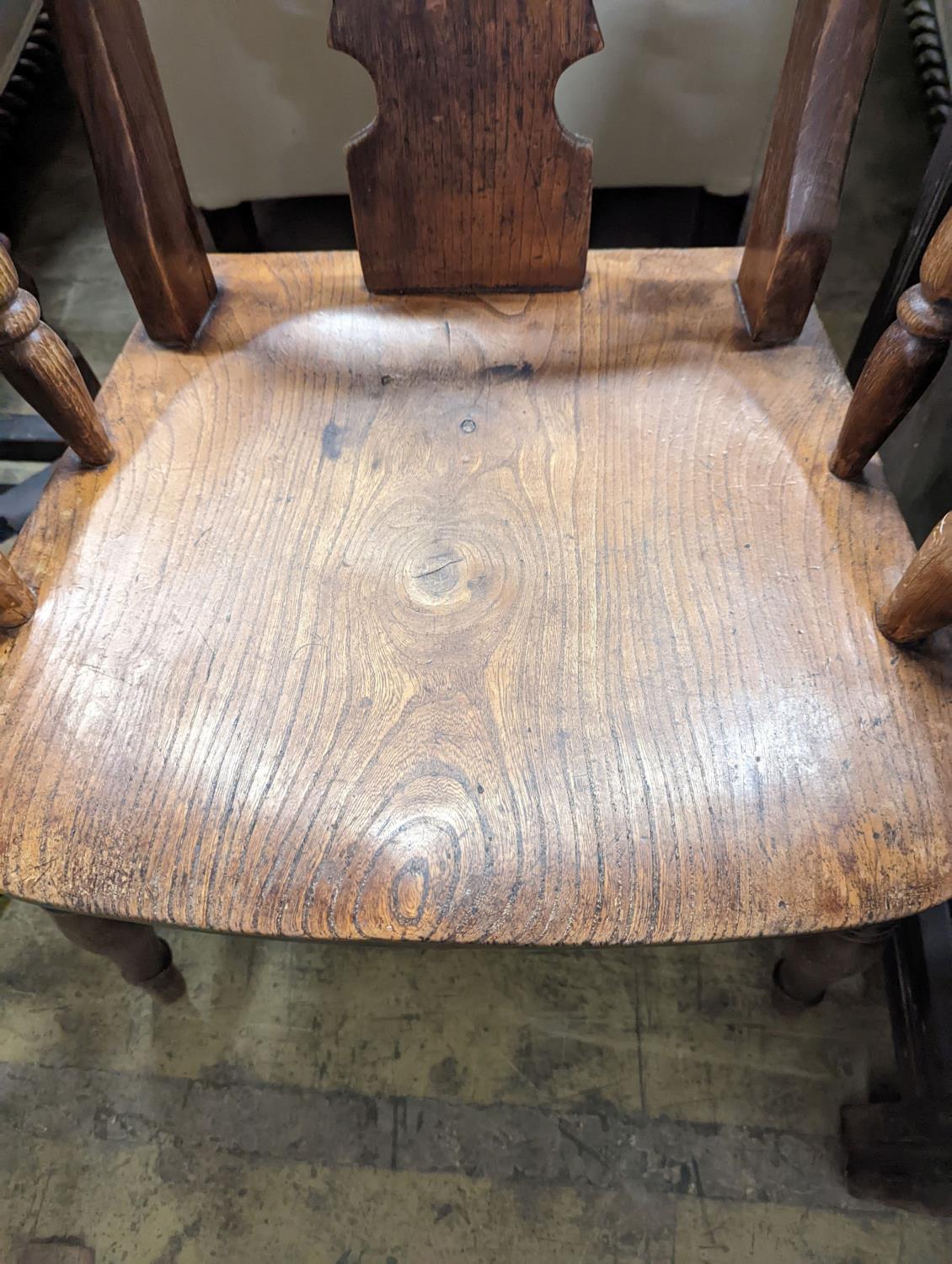 A Victorian elm and beech Windsor armchair with pierced splat stamped J D 33, width 56cm, depth - Image 4 of 4