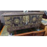 An Eastern brass mounted and studded hardwood trunk, length 113cm, depth 48cm, height 60cm