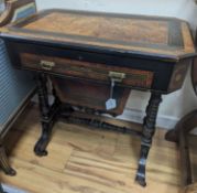 A late Victorian part ebonised bird's eye maple writing/work table, width 67cm, depth 41cm, height