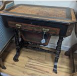 A late Victorian part ebonised bird's eye maple writing/work table, width 67cm, depth 41cm, height