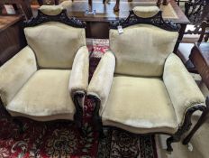 A late Victorian carved mahogany seven piece salon suite, settee length 140cm, depth 60cm, height