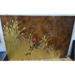 A large lacquer panel of rose amongst gilt painted corn, signed, Midcour dated, ‘79. 110cms high x