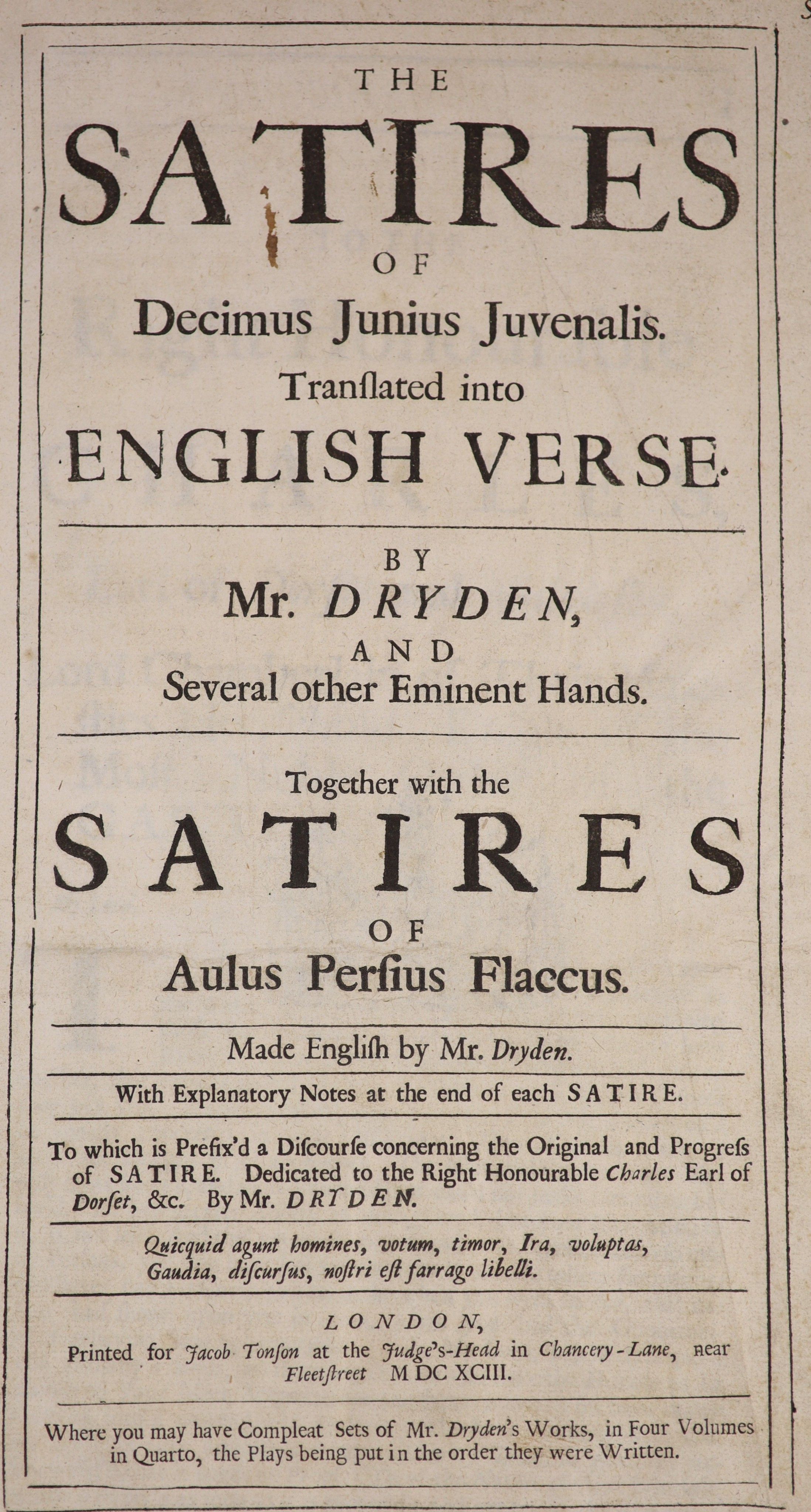 ° Dryden, John - The Satires of Decimus Junius Juvenalis. Translated into English Verse. By Mr