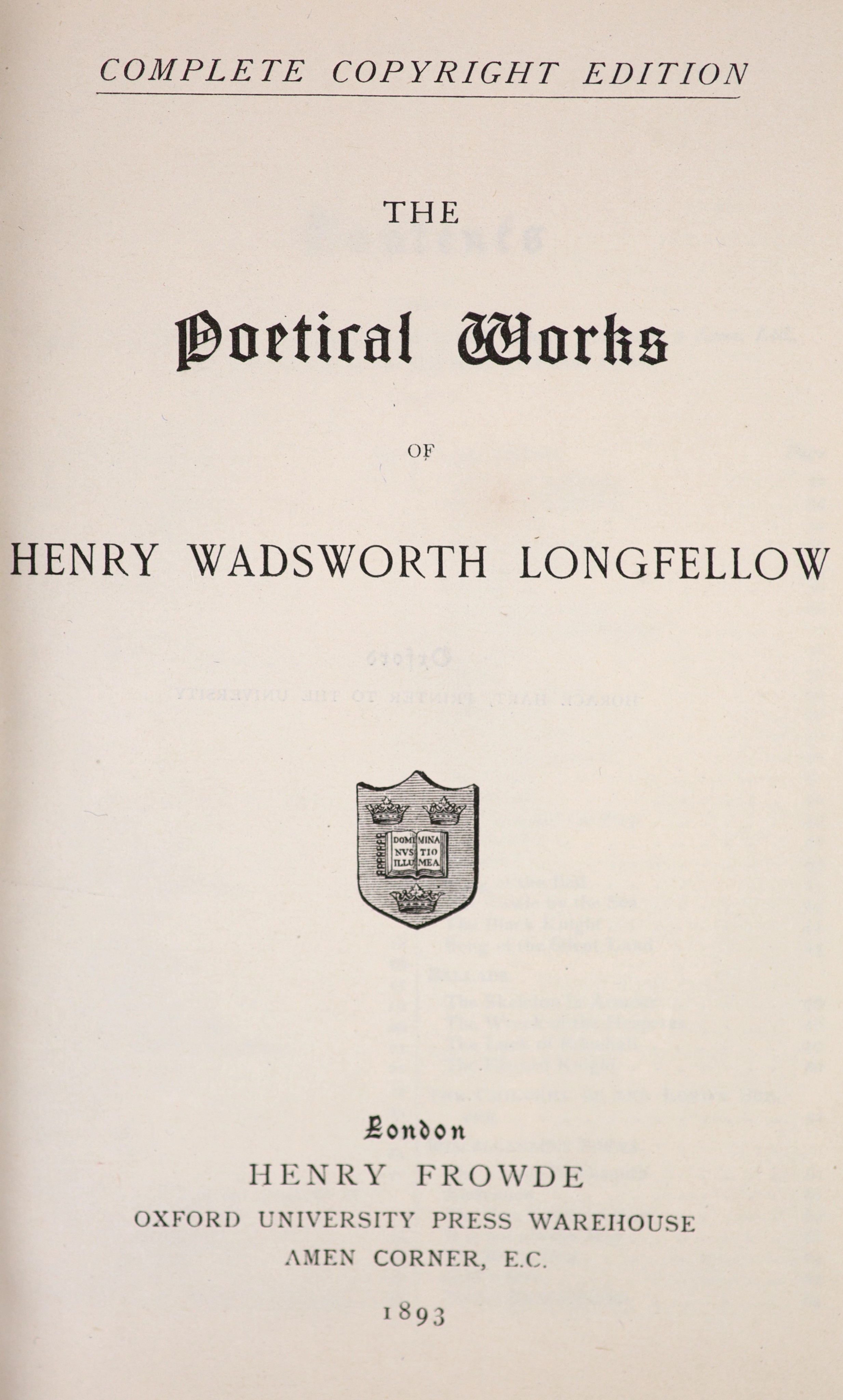 ° Longfellow, Henry Wadsworth - The Poetical Works of Henry Wadsworth Longfellow. Complete copyright