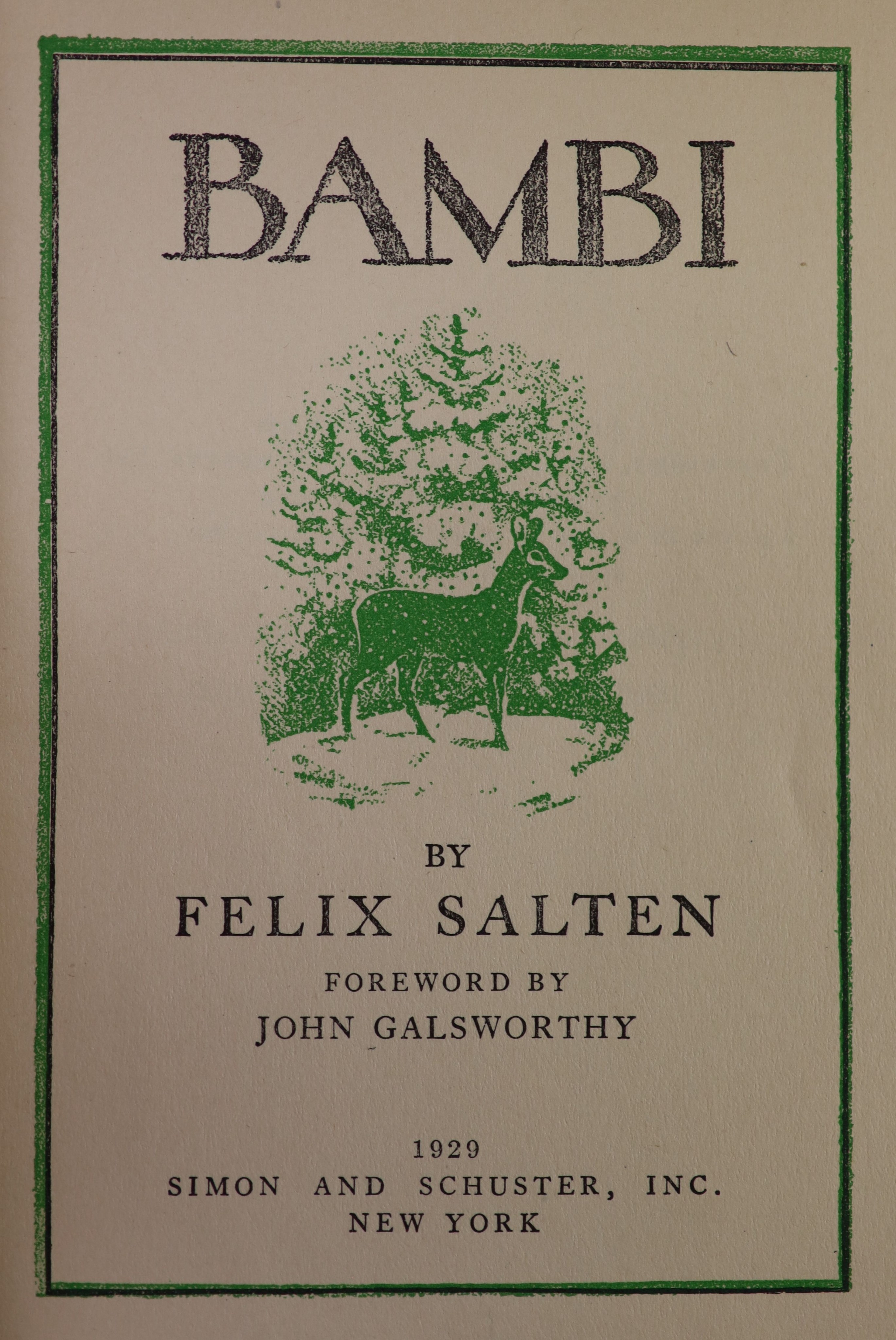 ° Salten, Felix - Bambi, 8vo, original green cloth, Simon and Schuster, New York, 1929; Raspe, - Image 3 of 5