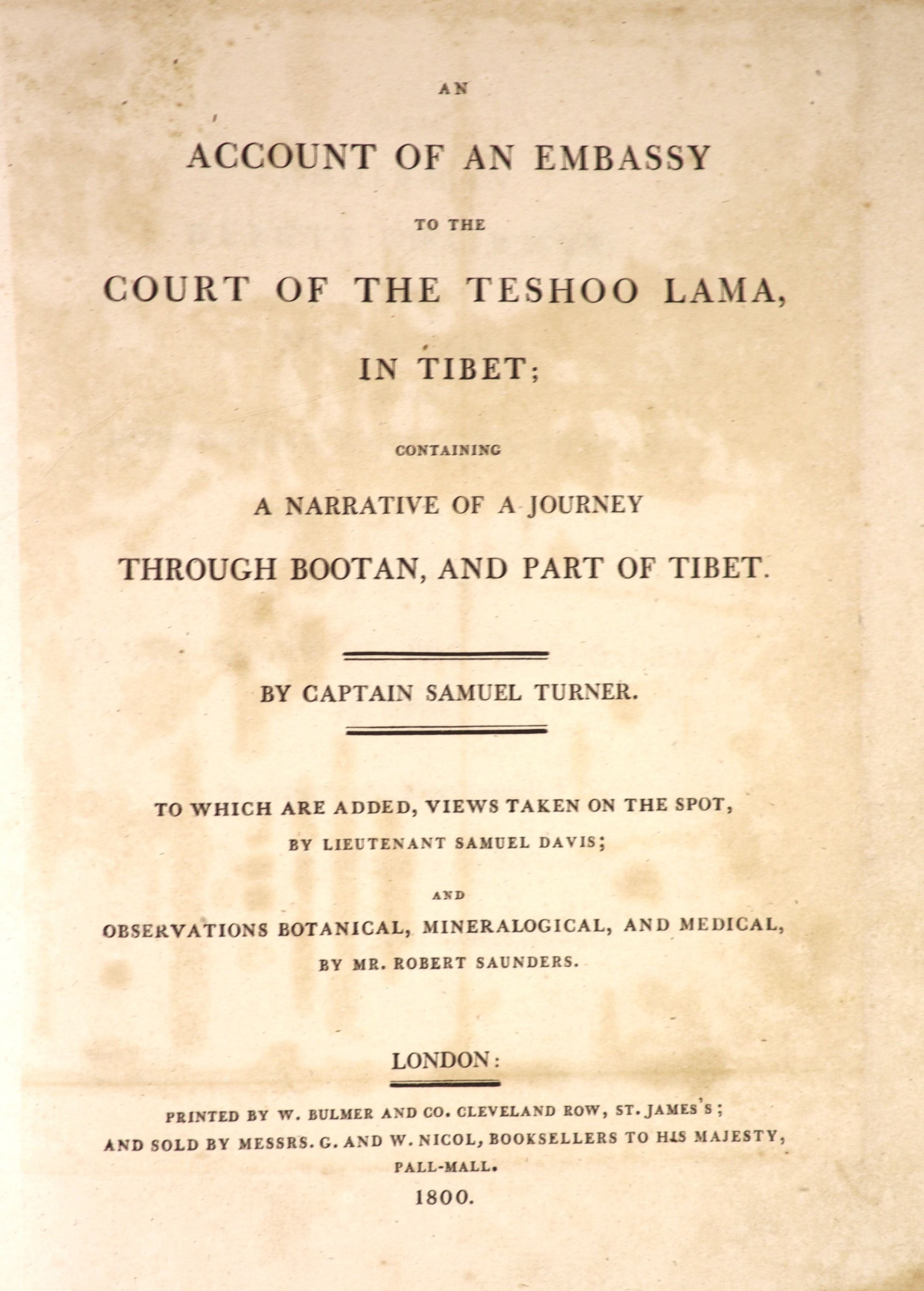 ° Turner, Capt. Samuel - An Account of an Embassy to the Court of the Teshoo Lama, in Tibet;