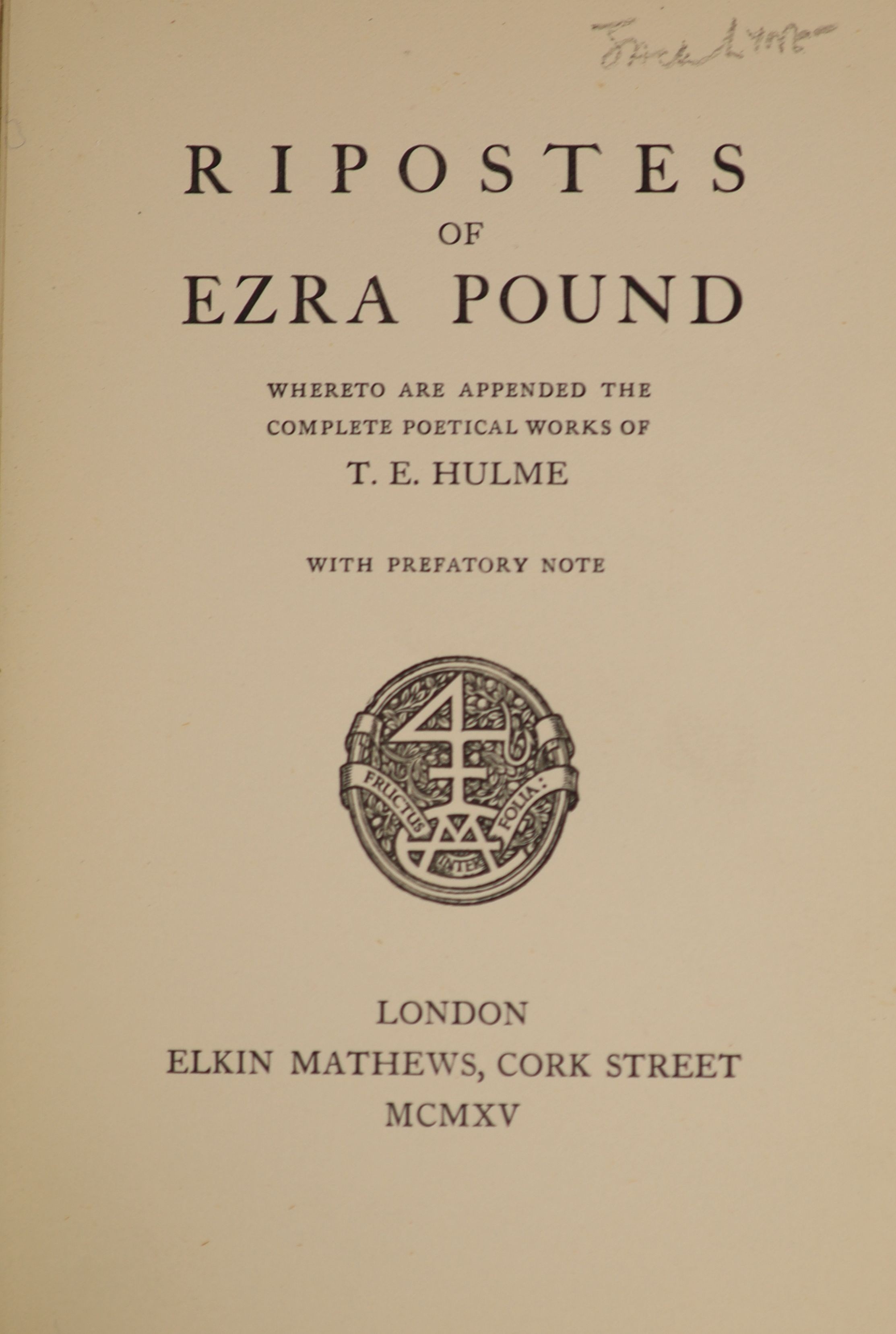 ° Pound, Ezra - Ripostes, 1st edition, one of 400, papers wrappers, with a Cubist design by - Image 2 of 2