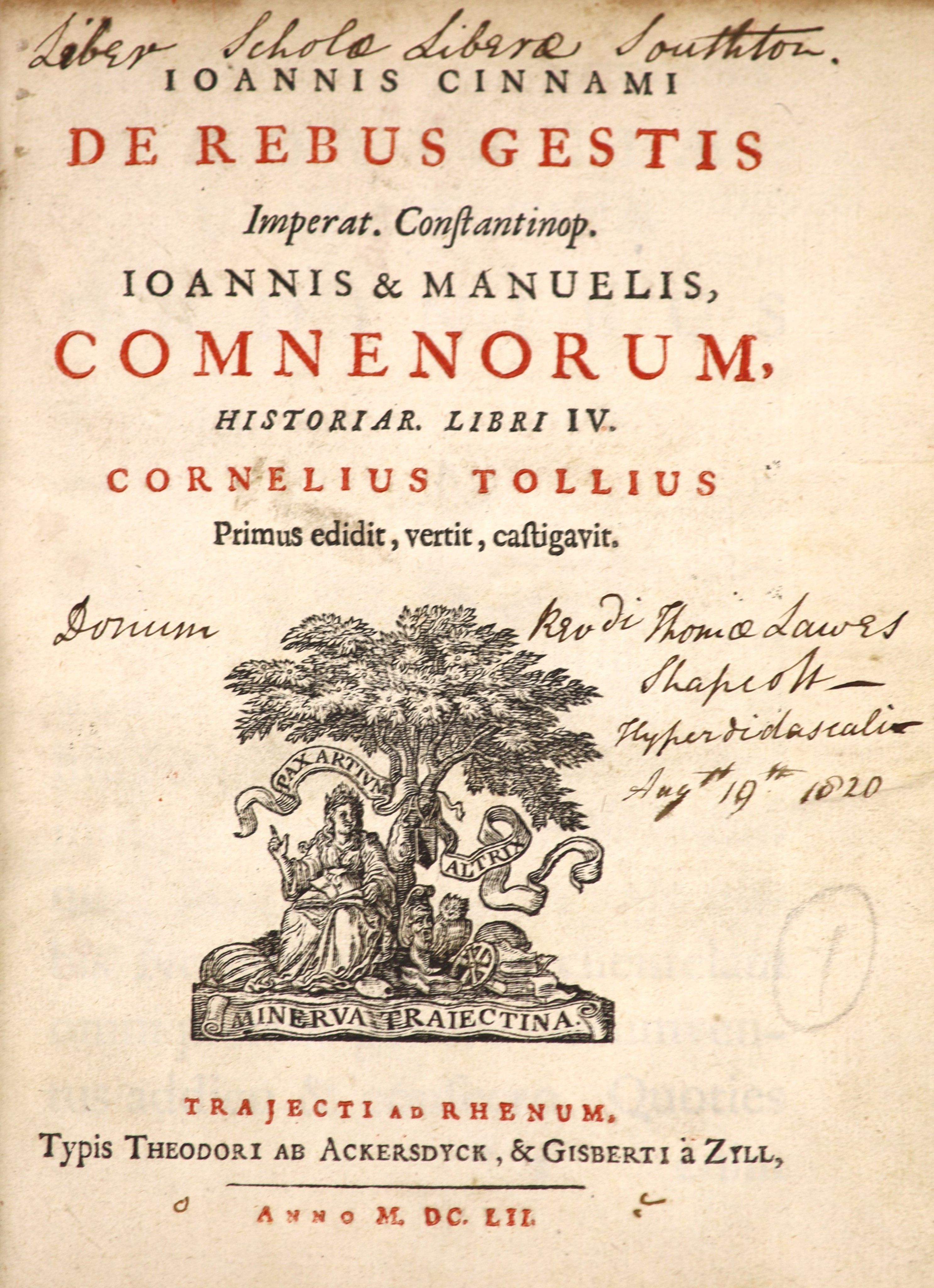 ° Cinnamus, Johannes - De Rebus Gestis ... Comnenorum, Historiar. Libri IV. recently rebound half