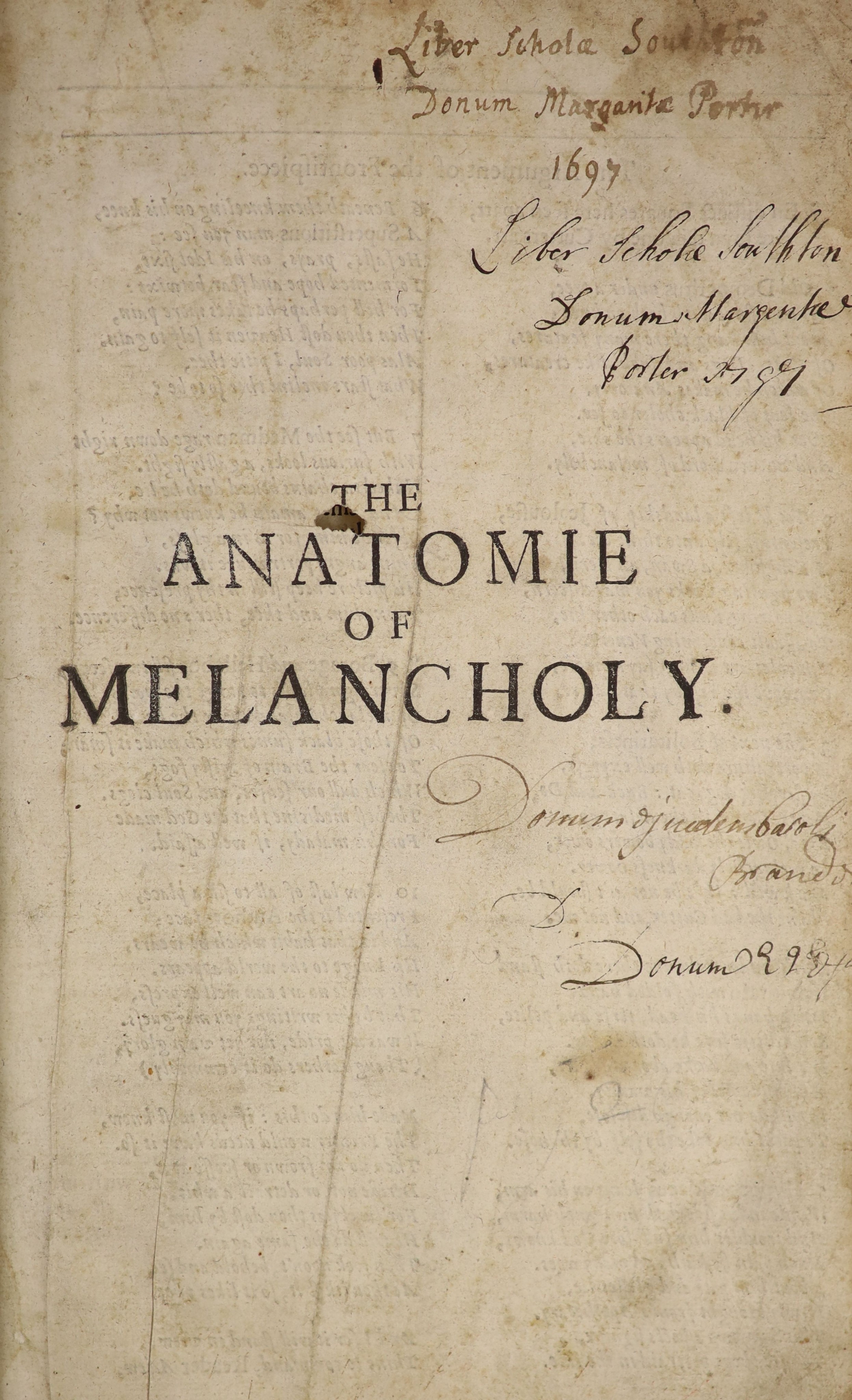 ° [Burton, Robert - The Anatomie of Melancholy] i.e. lacks pictorial engraved title, (half title