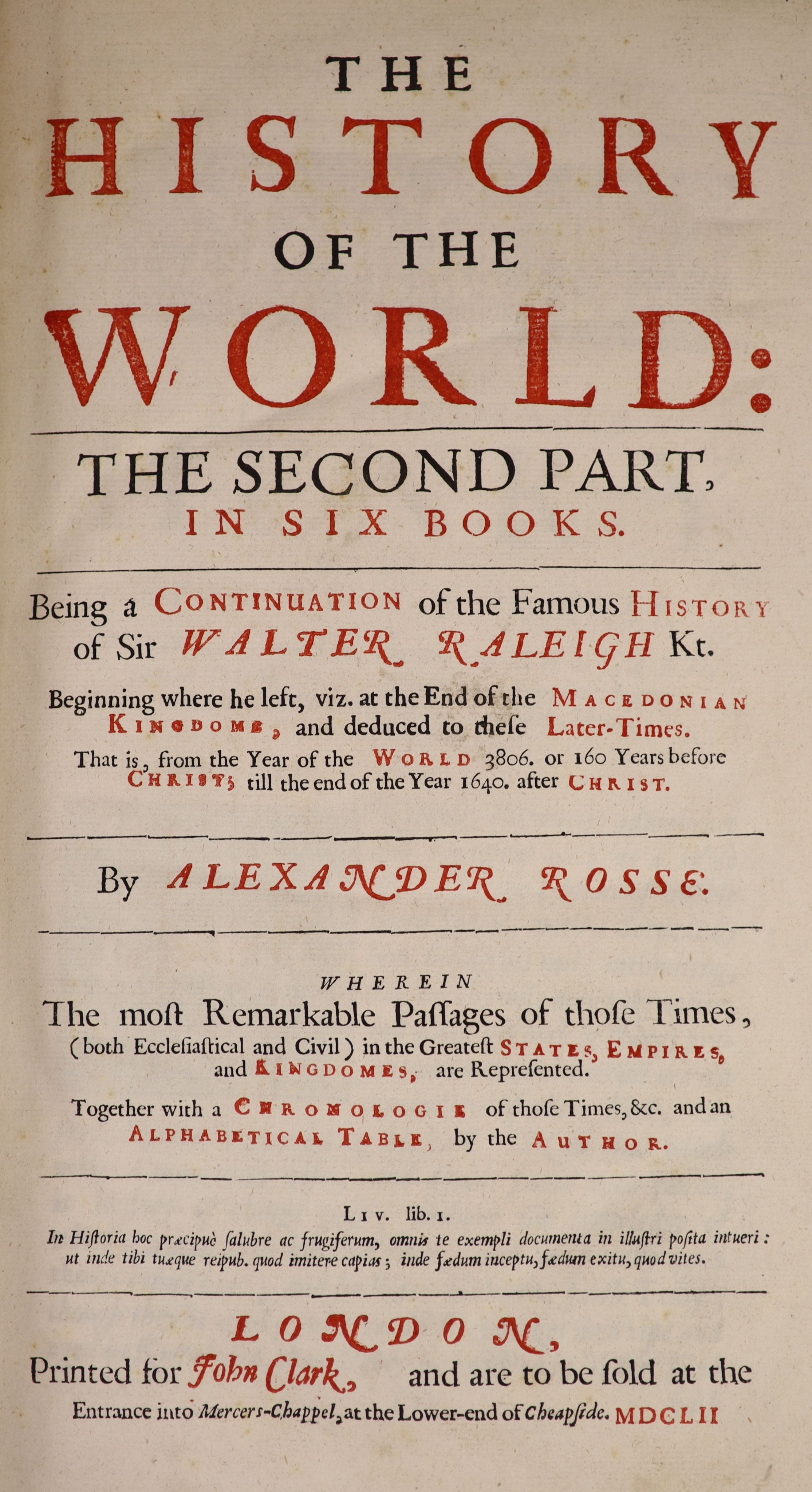 ° Rosse, Alexander - The History of the World: the Second Part, in six books: being a continuation - Image 2 of 8