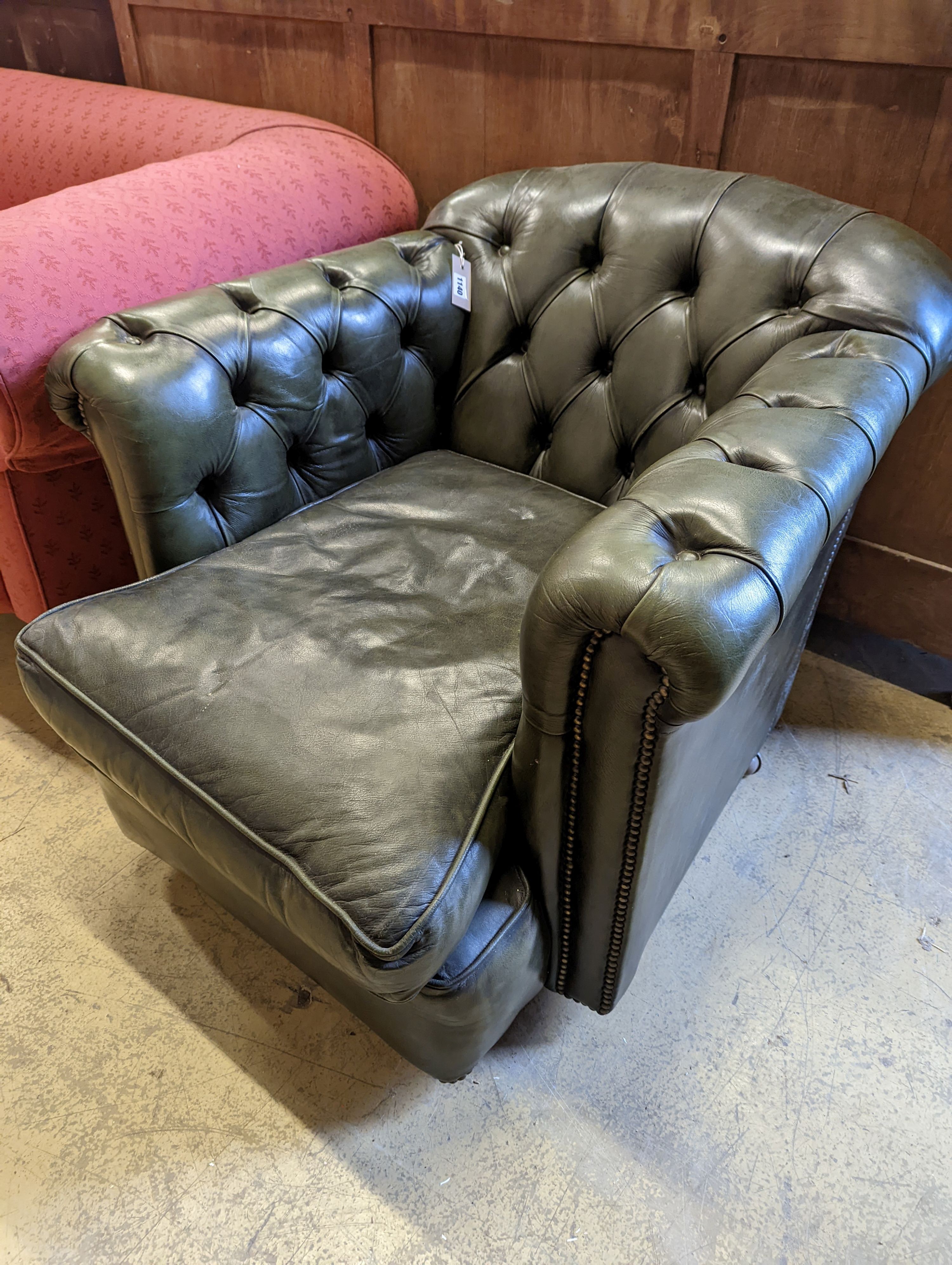 A Victorian style buttoned green leather club armchair, width 85cm, depth 100cm, height 72cm - Image 5 of 8