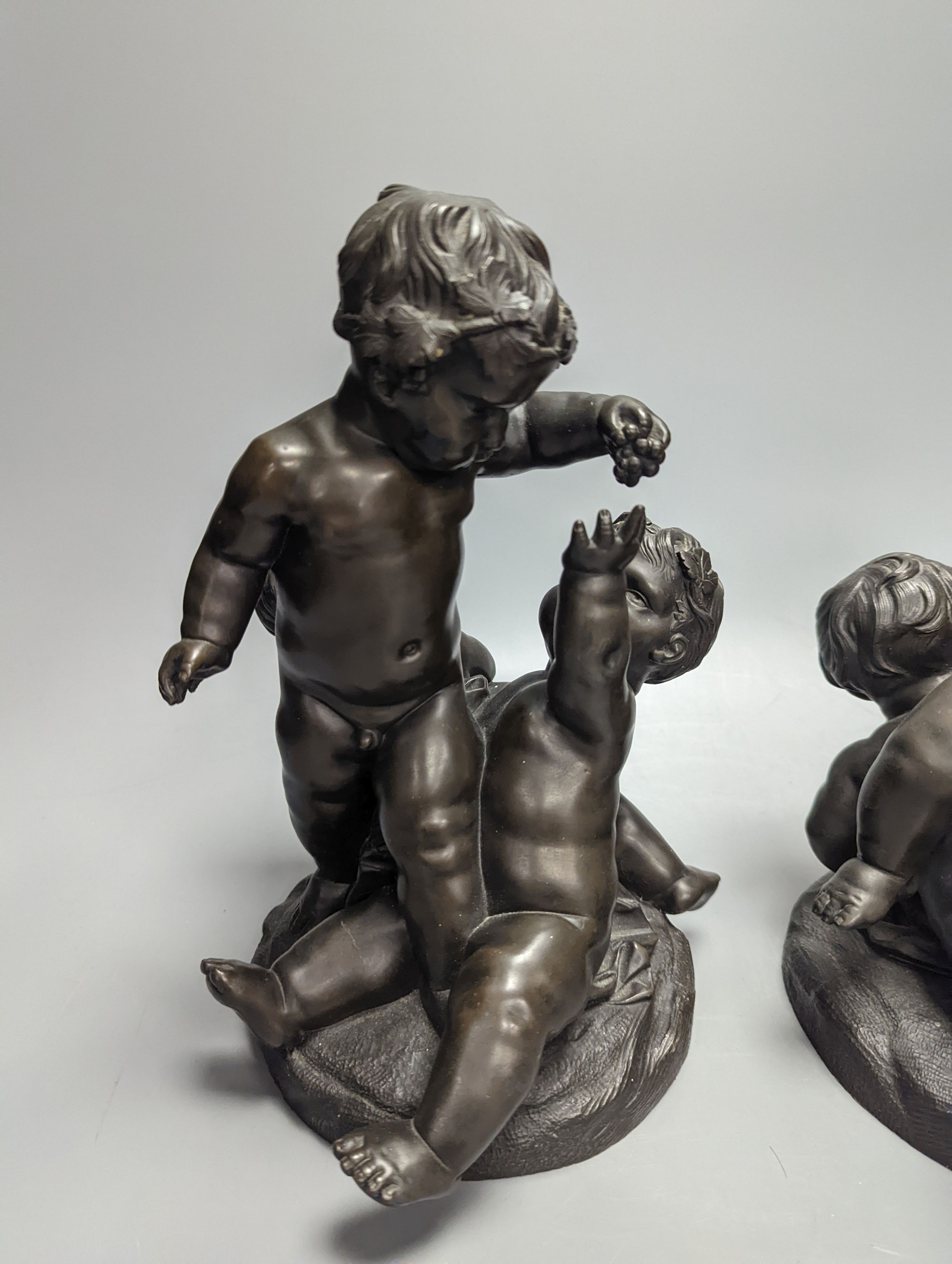 After Clodion, a pair of early 20th century bronze groups of putto, tallest 25cm - Image 2 of 3