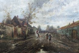 French School, early 20th century, oil on canvas, Figures on a country lane, indistinctly signed, 46