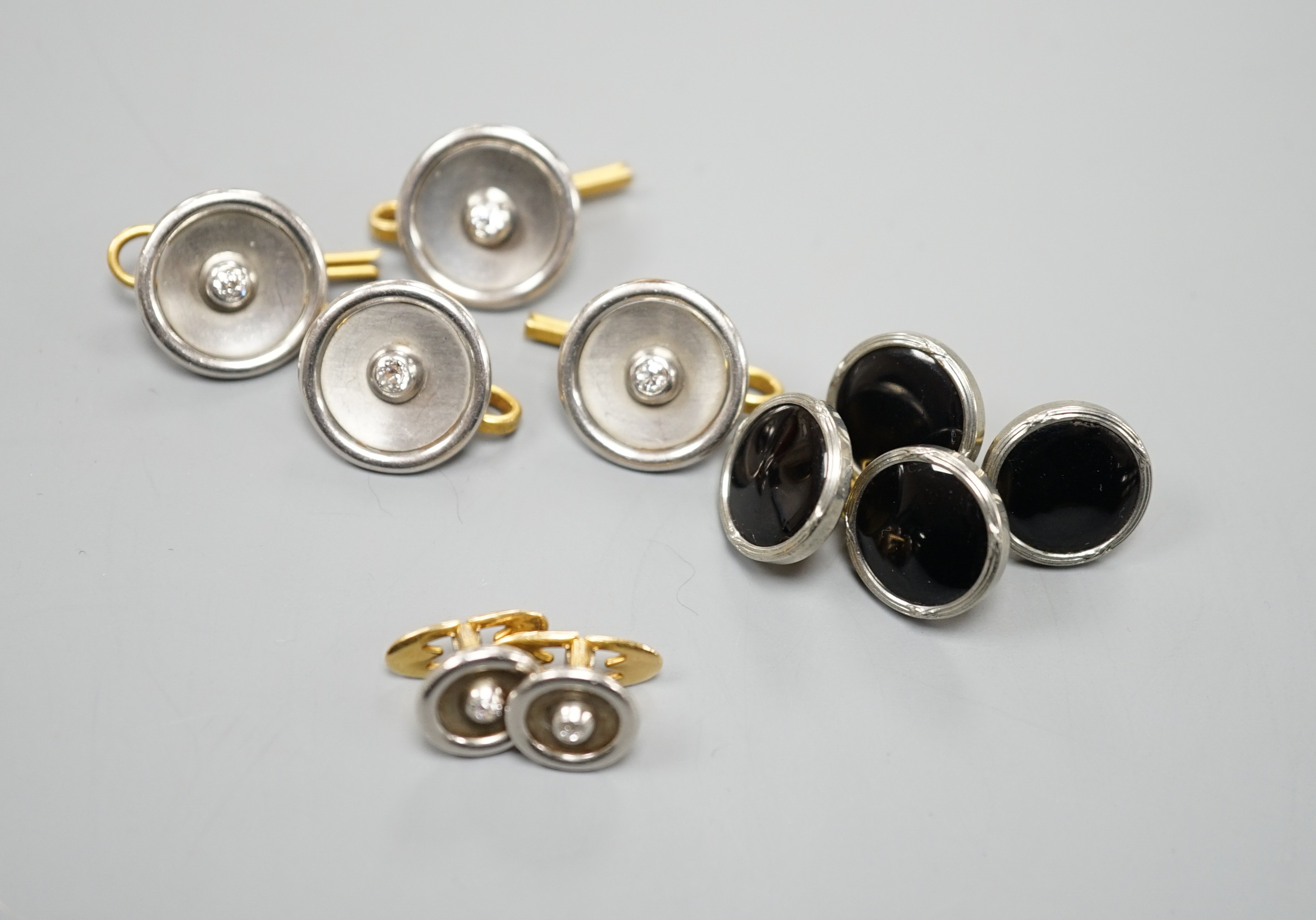 A pair of small pair of yellow and white metal diamond set cufflinks and four similar dress studs - Image 5 of 6