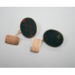 A pair of 9ct and oval bloodstone set cufflinks, 22mm, gross weight 10.4 grams.