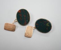 A pair of 9ct and oval bloodstone set cufflinks, 22mm, gross weight 10.4 grams.