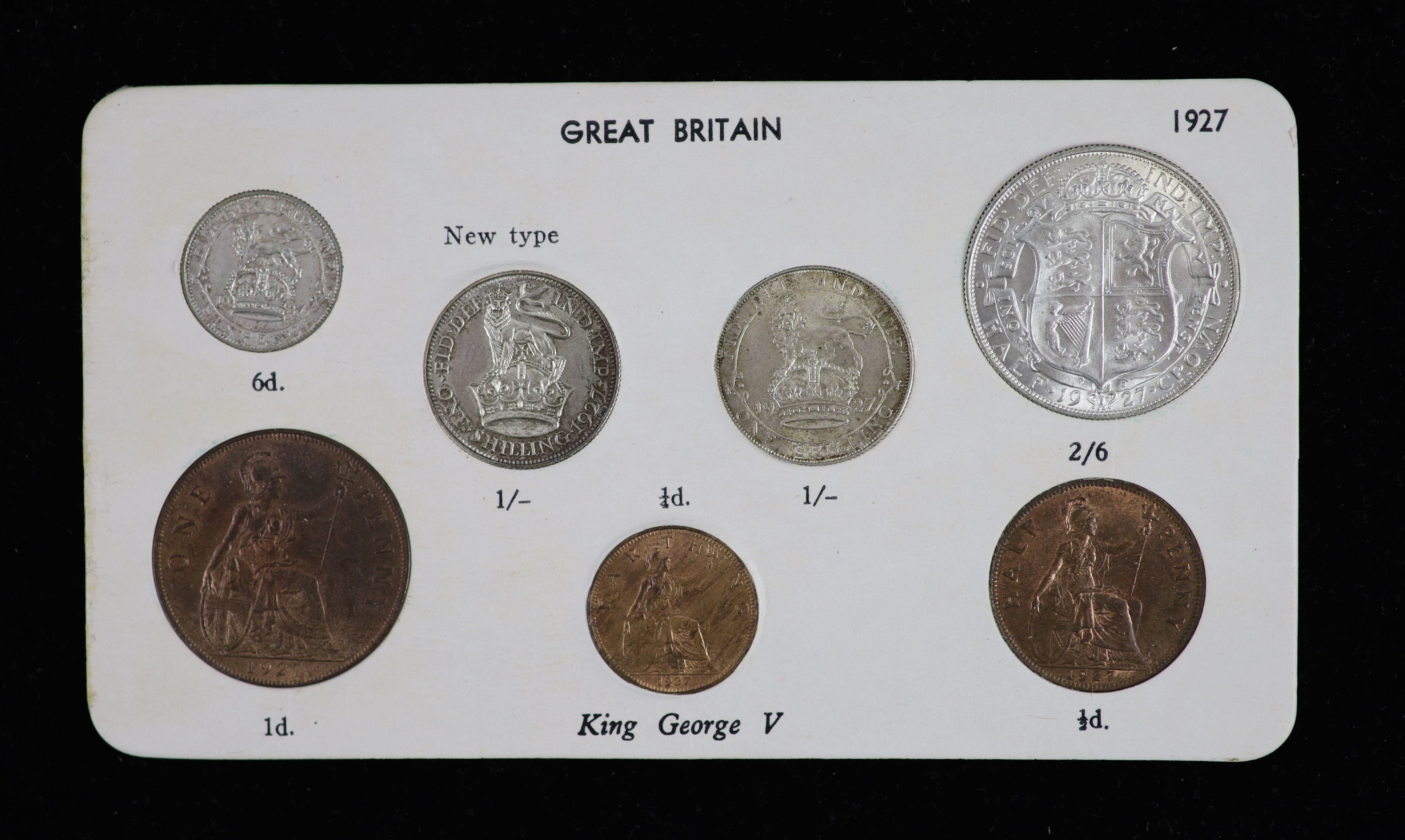 George V specimen set of seven coins, 1927, comprising 3rd coinage, halfcrown and shilling, 3rd