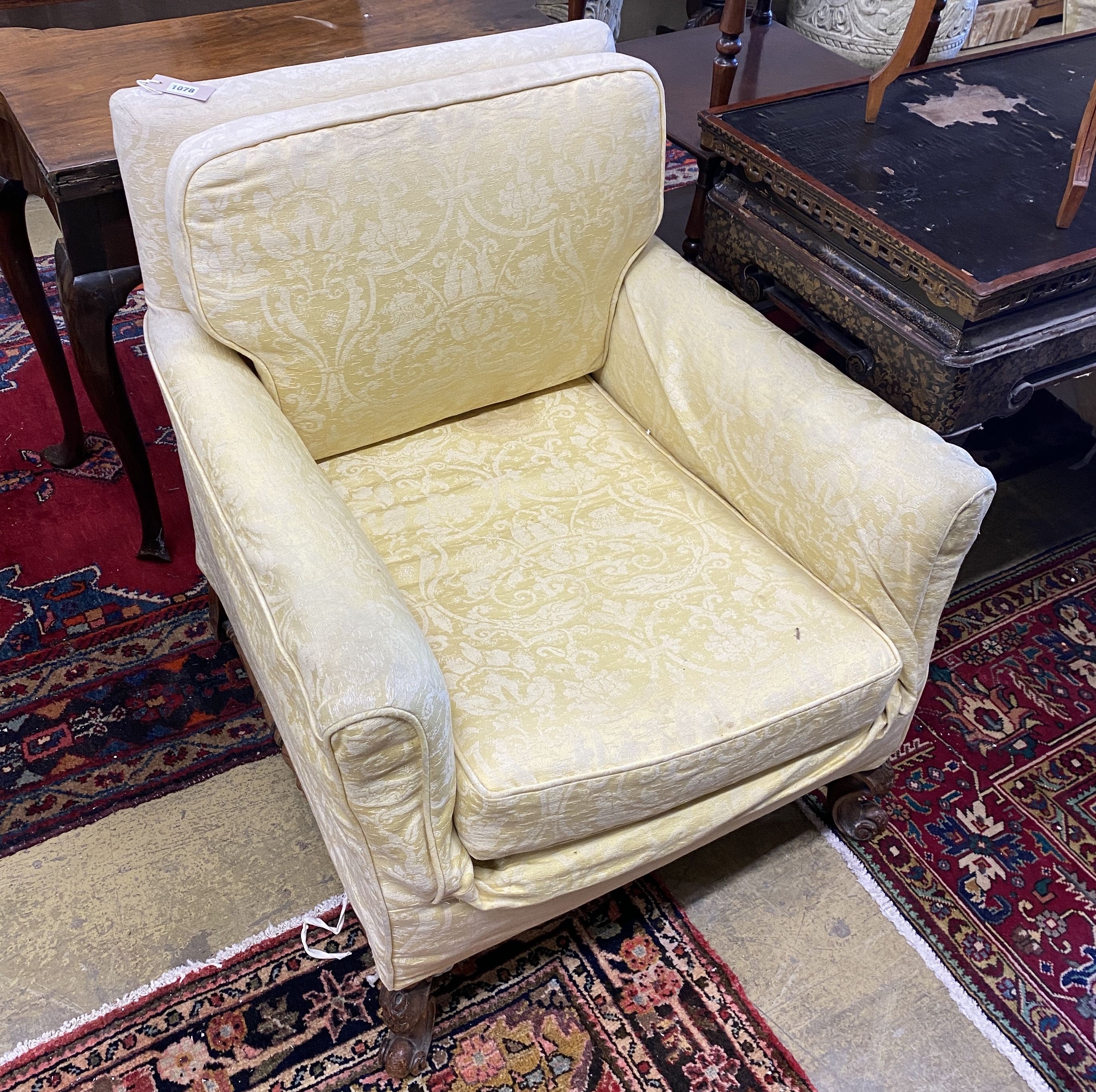 A late 17th century design armchair on scroll and stretcher legs, width 74cm, depth 74cm, height