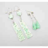 A pair of white metal pair shaped jade and two stone diamond set drop earrings, 37mm and one other