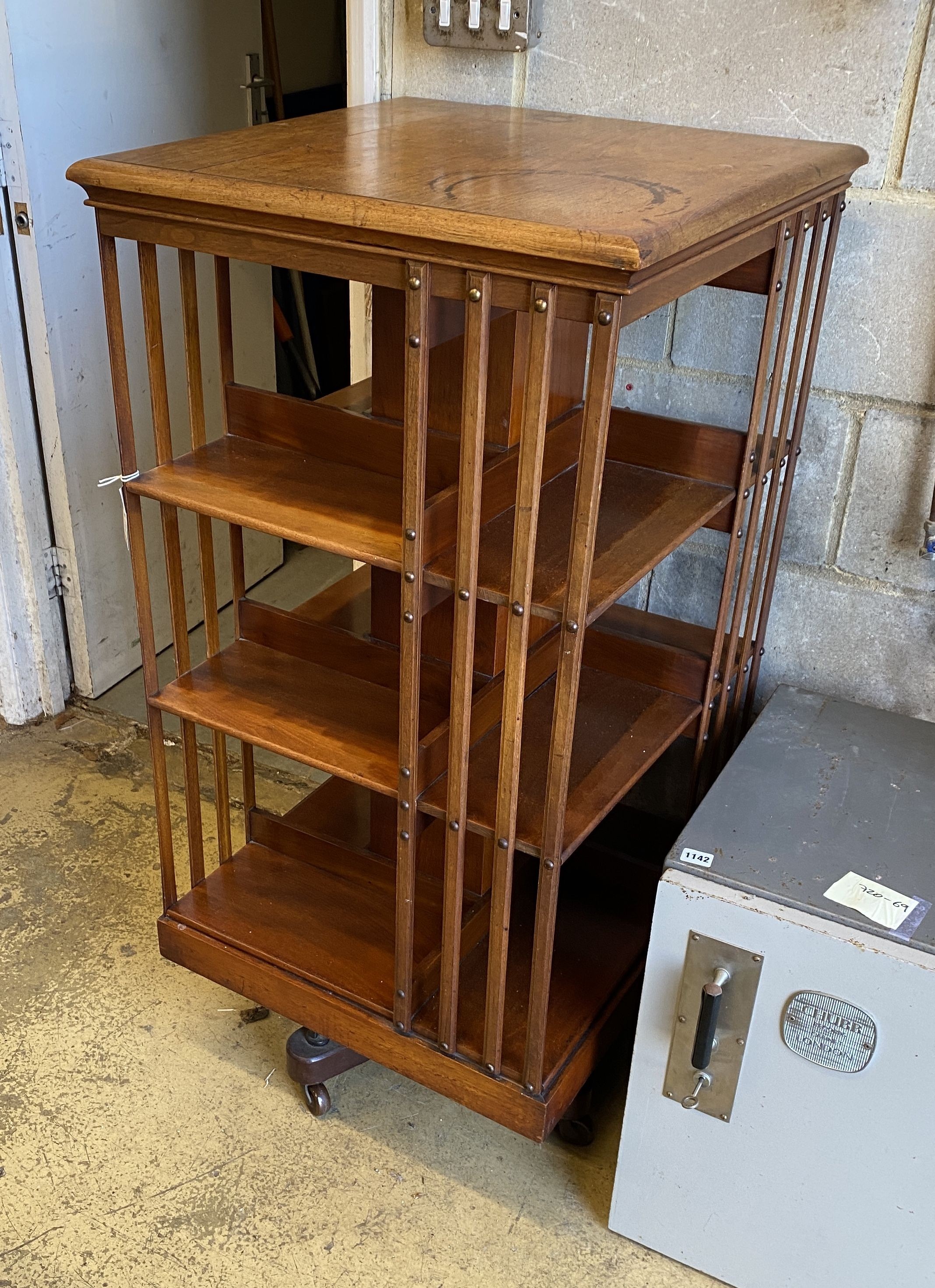 A large Edwardian pale oak revolving bookcase, width 59cm, depth 59cm, height 120cm - Image 2 of 2