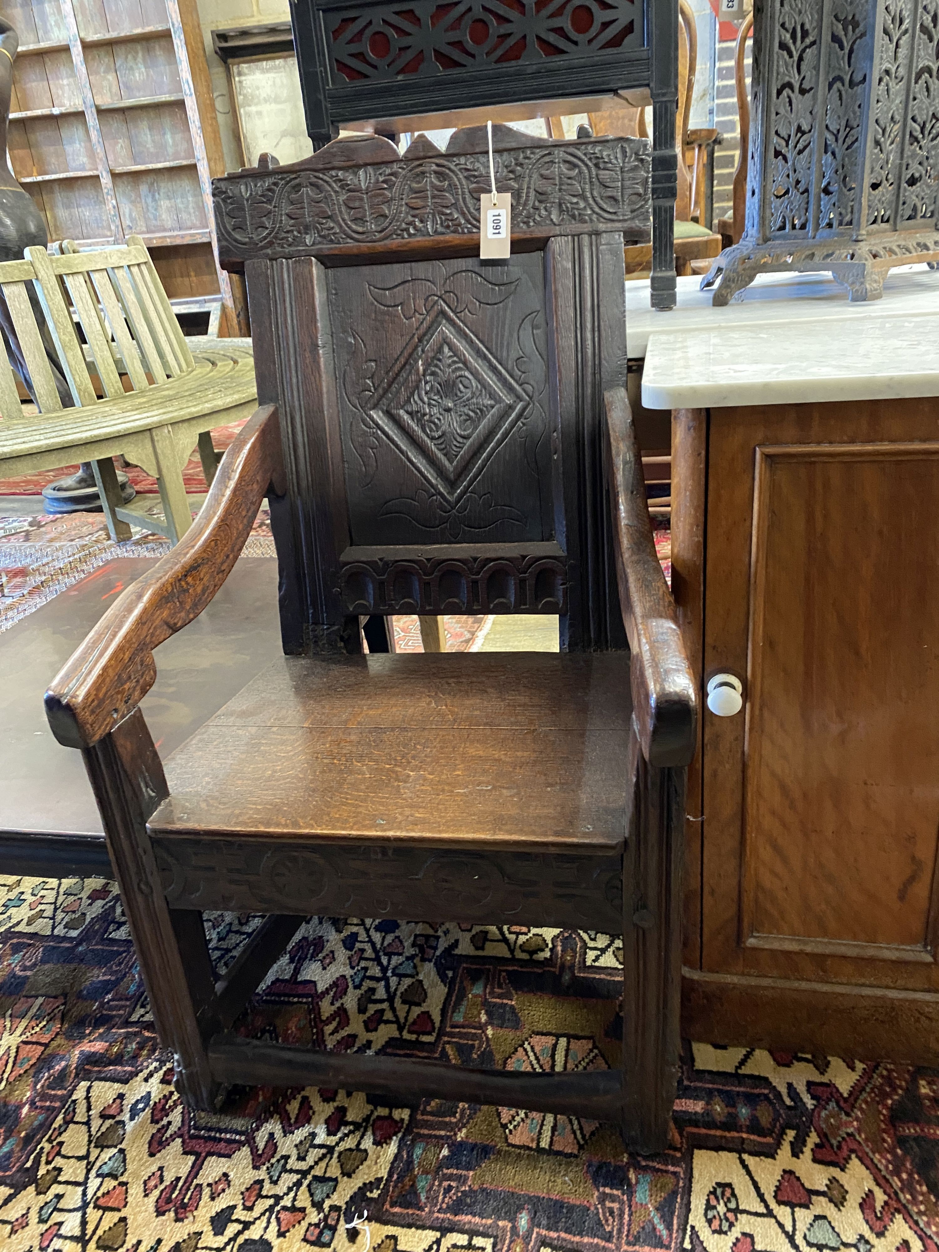 A 17th century and later oak wainscot chair, width 56cm, depth 54cm, height 100cm - Image 2 of 3