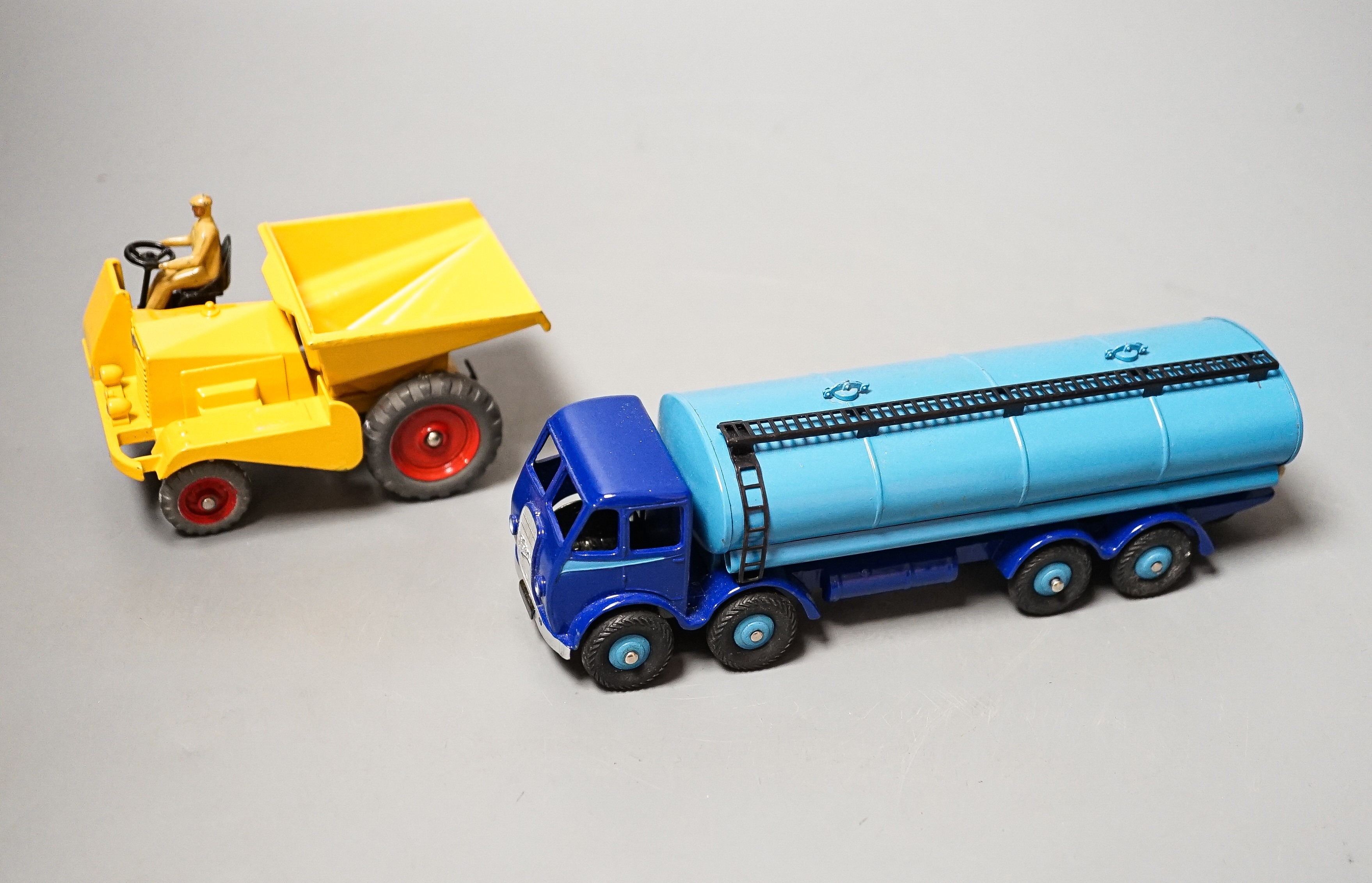 Dinky Toys 504 Foden 14 Ton Tanker, two tone blue, first type, 1948-52 and 562 Dumper Truck, in