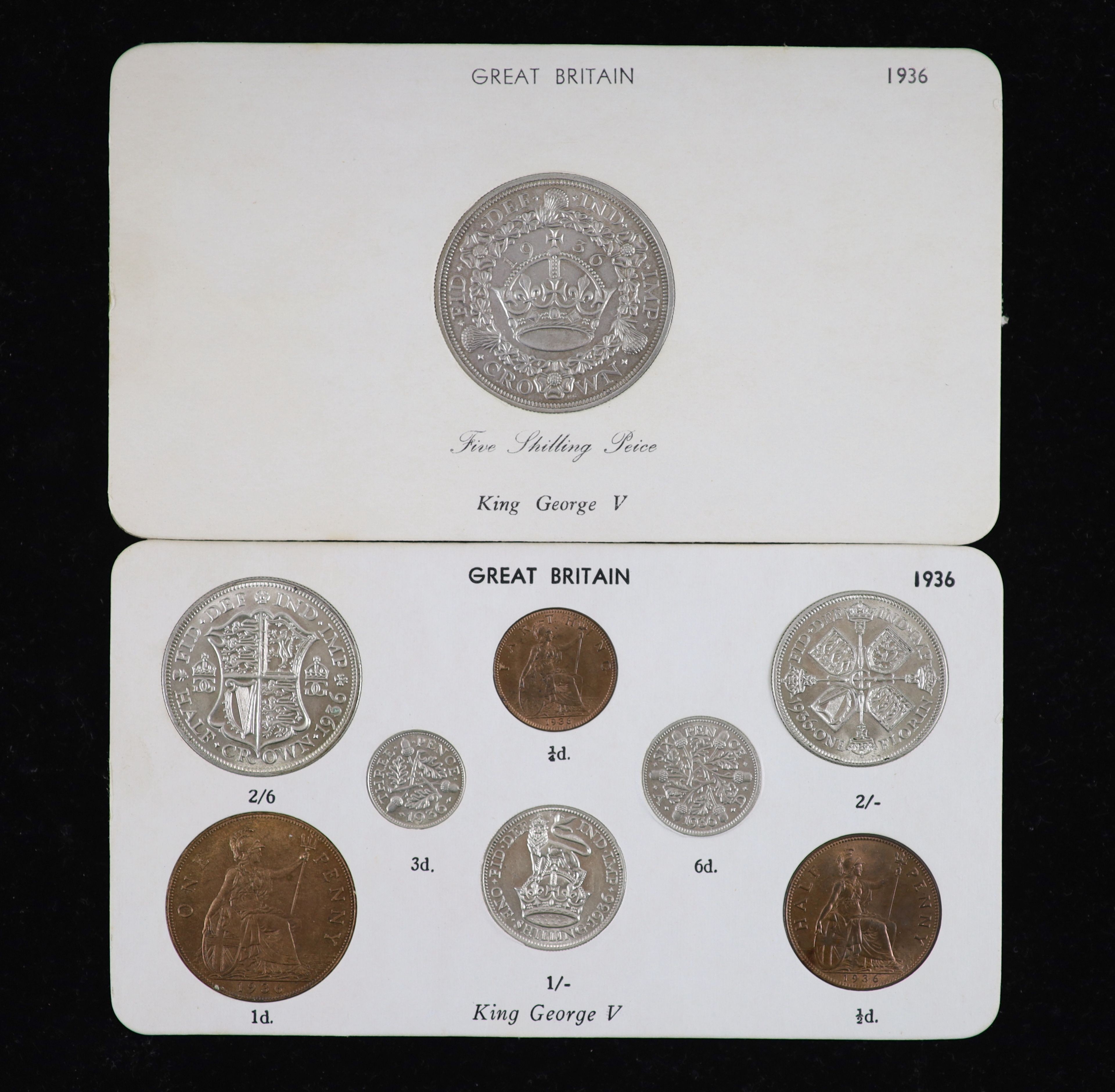 George V specimen set of nine coins, 1936, fourth coinage,comprising Crown (S4036), cleaned about