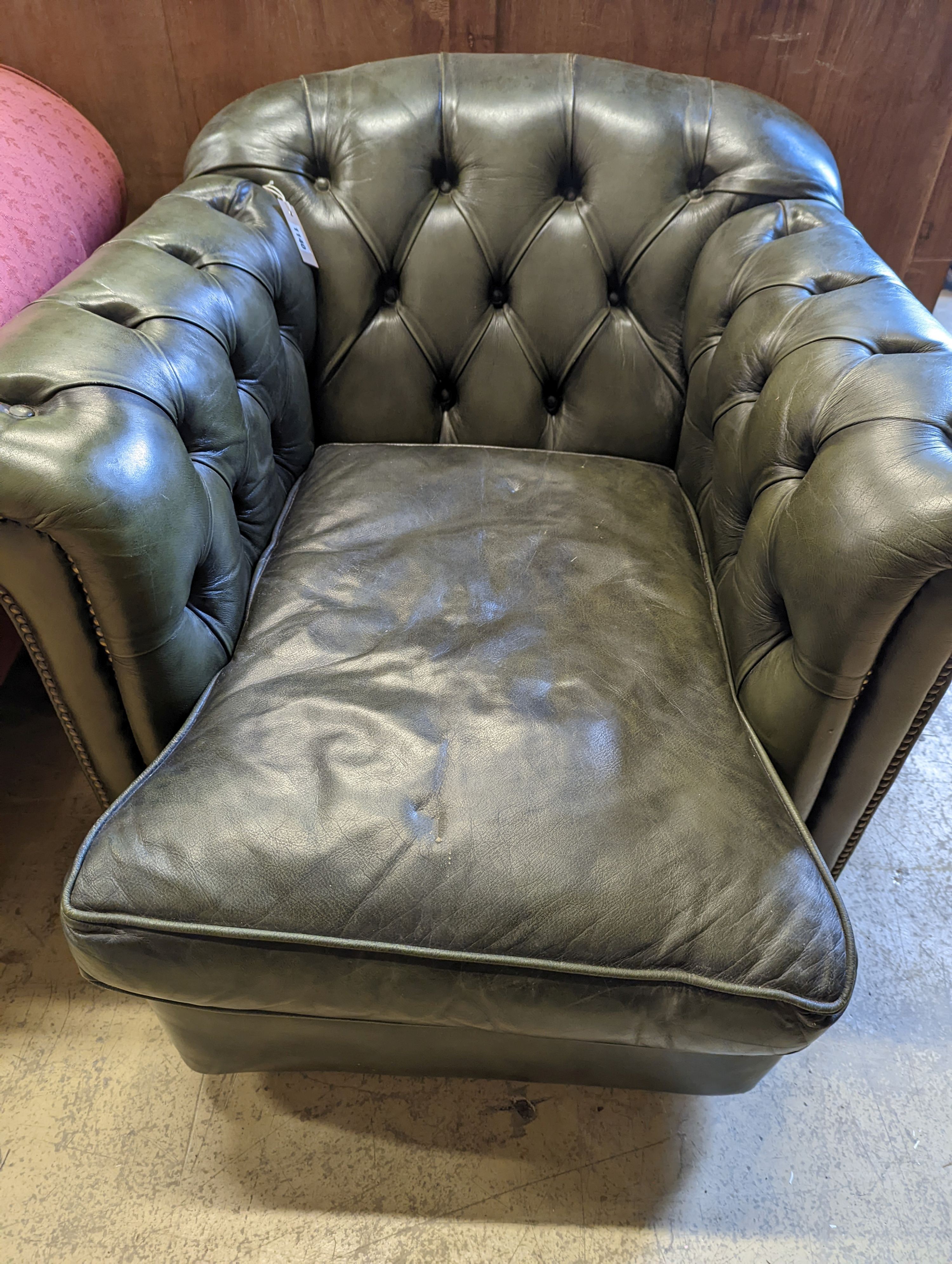 A Victorian style buttoned green leather club armchair, width 85cm, depth 100cm, height 72cm - Image 8 of 8