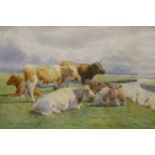 William Sydney Cooper (1854-1927), watercolour, Cattle beside a river, signed, 16 x 24cm